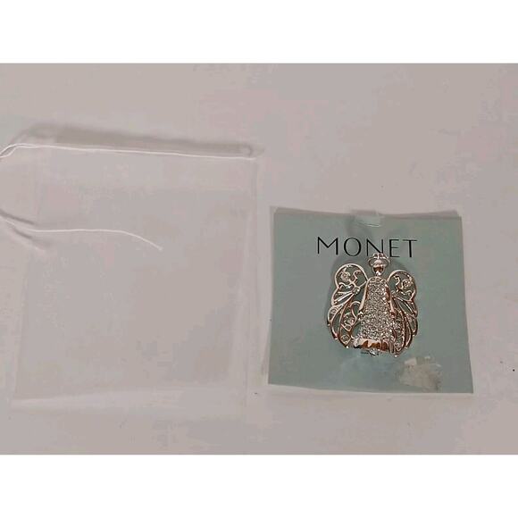 Vintage Monet Angel Brooch Rhinestone Silver Tone Pin - Picture 3 of 11